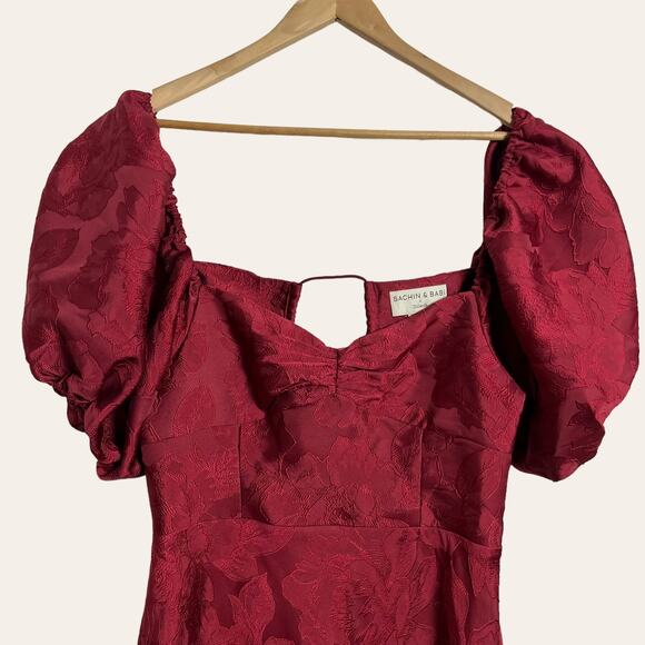 Sachin & Babi New Gabby Maroon Red Floral Jacquard Puff Sleeve Midi Dress Size 8 - Picture 4 of 14